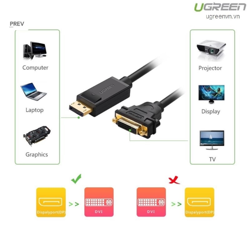 Cáp chuyển đổi Displayport to DVI 24+5 âm chính hãng Ugreen 20405 cao cấp